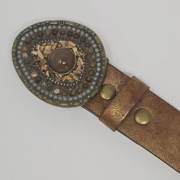 Guess Brown Boho Belt with Stone and Beaded Teardrop Buckle Size Large - Picture 8 of 11